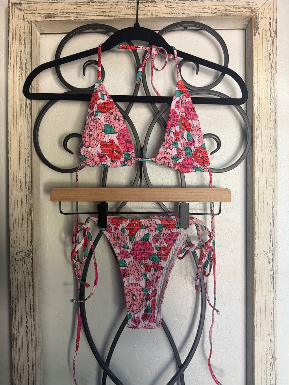 SHEIN Pink Floral Smocked String Bikini Set | Medium